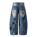 Heavy Hand Painted Graffiti Jeans Wide Leg Patchwork Denim Pants Blue