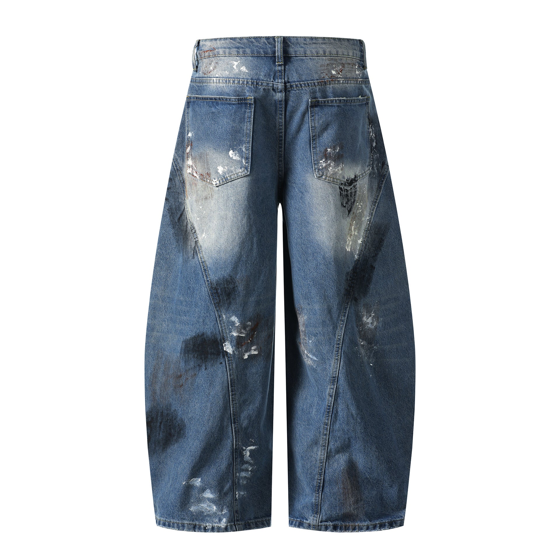 Heavy Hand Painted Graffiti Jeans Wide Leg Patchwork Denim Pants Blue