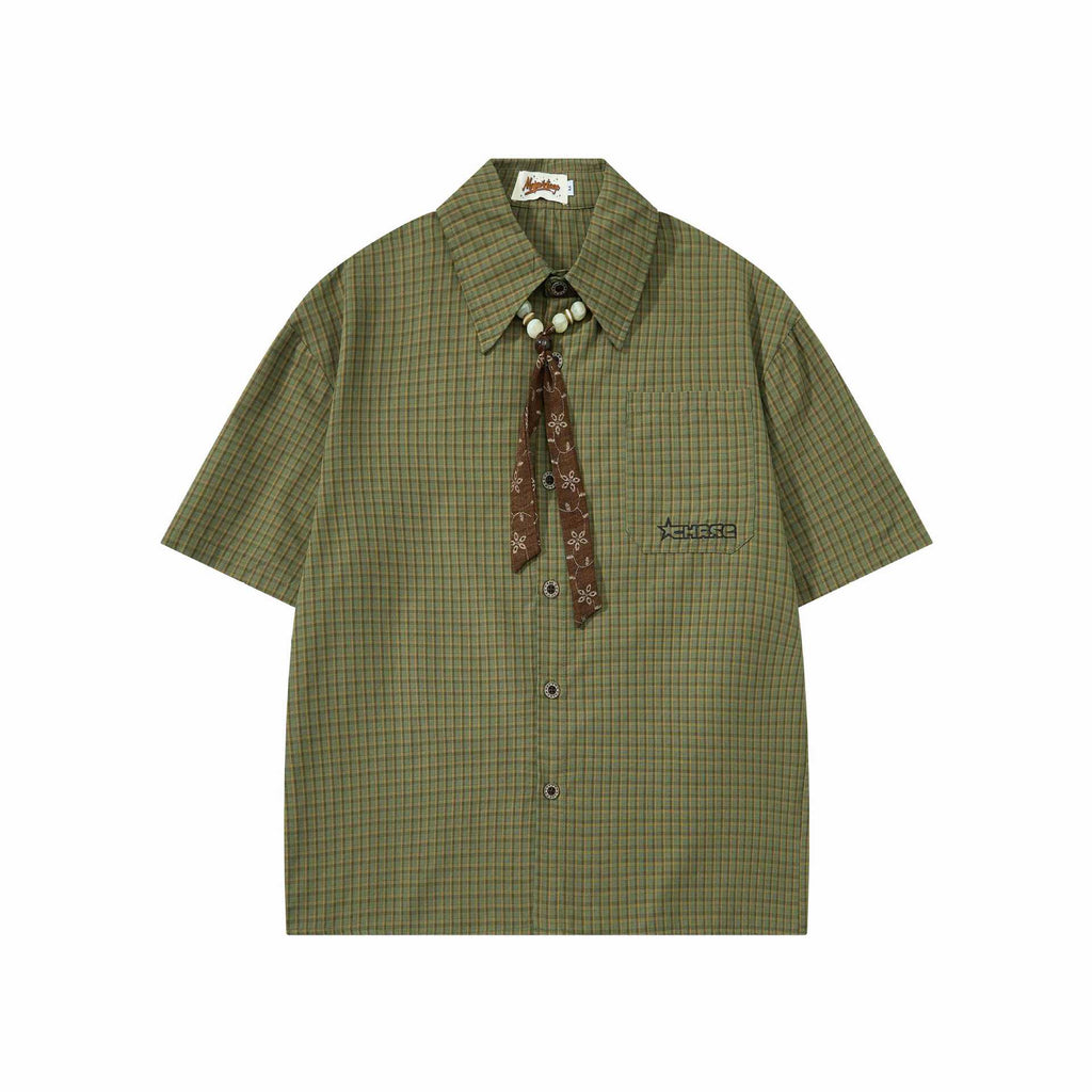 Green Off White Plaid Short Sleeve Cotton Shirt Loose Fit With Turn Down Collar