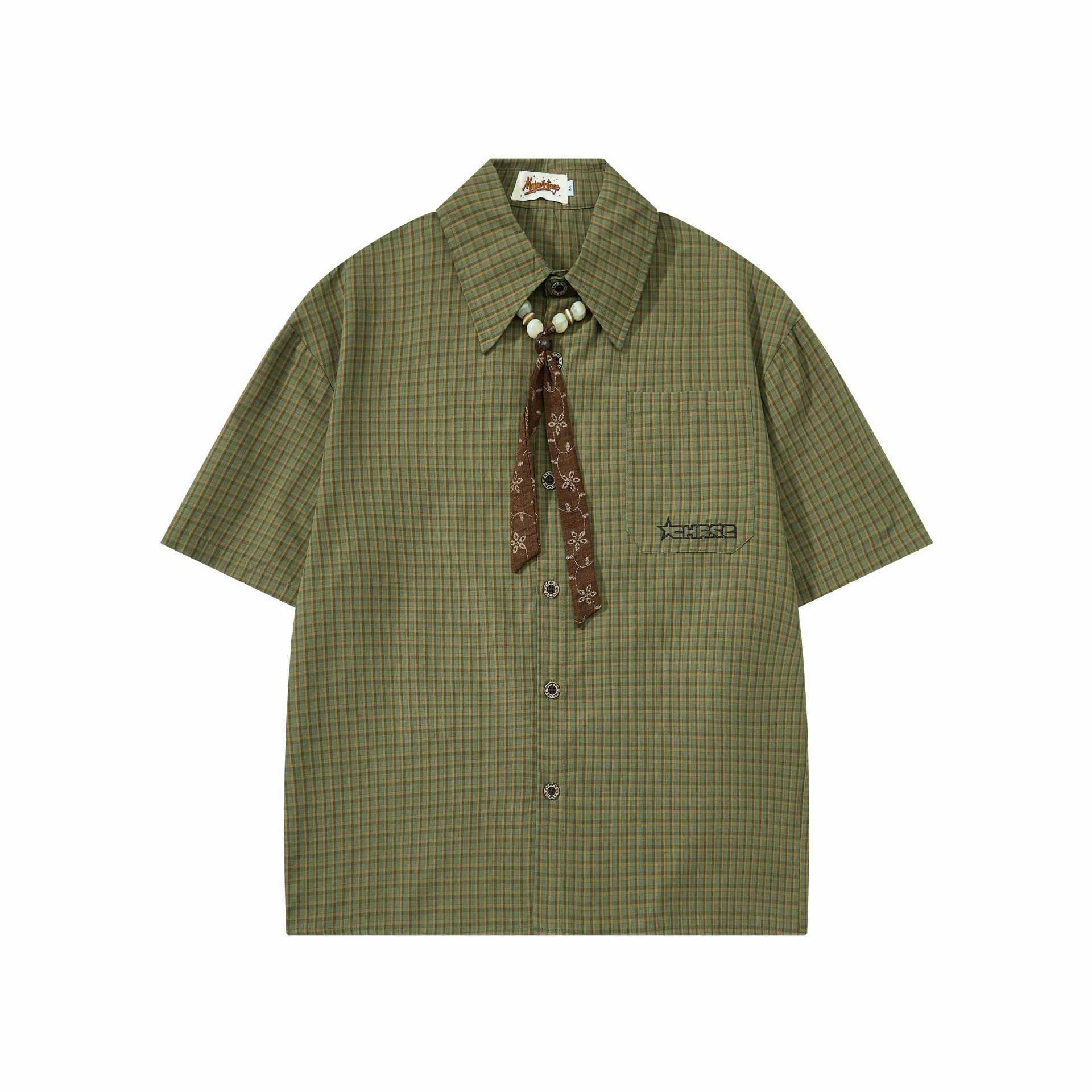 Green Off White Plaid Short Sleeve Cotton Shirt Loose Fit With Turn Down Collar