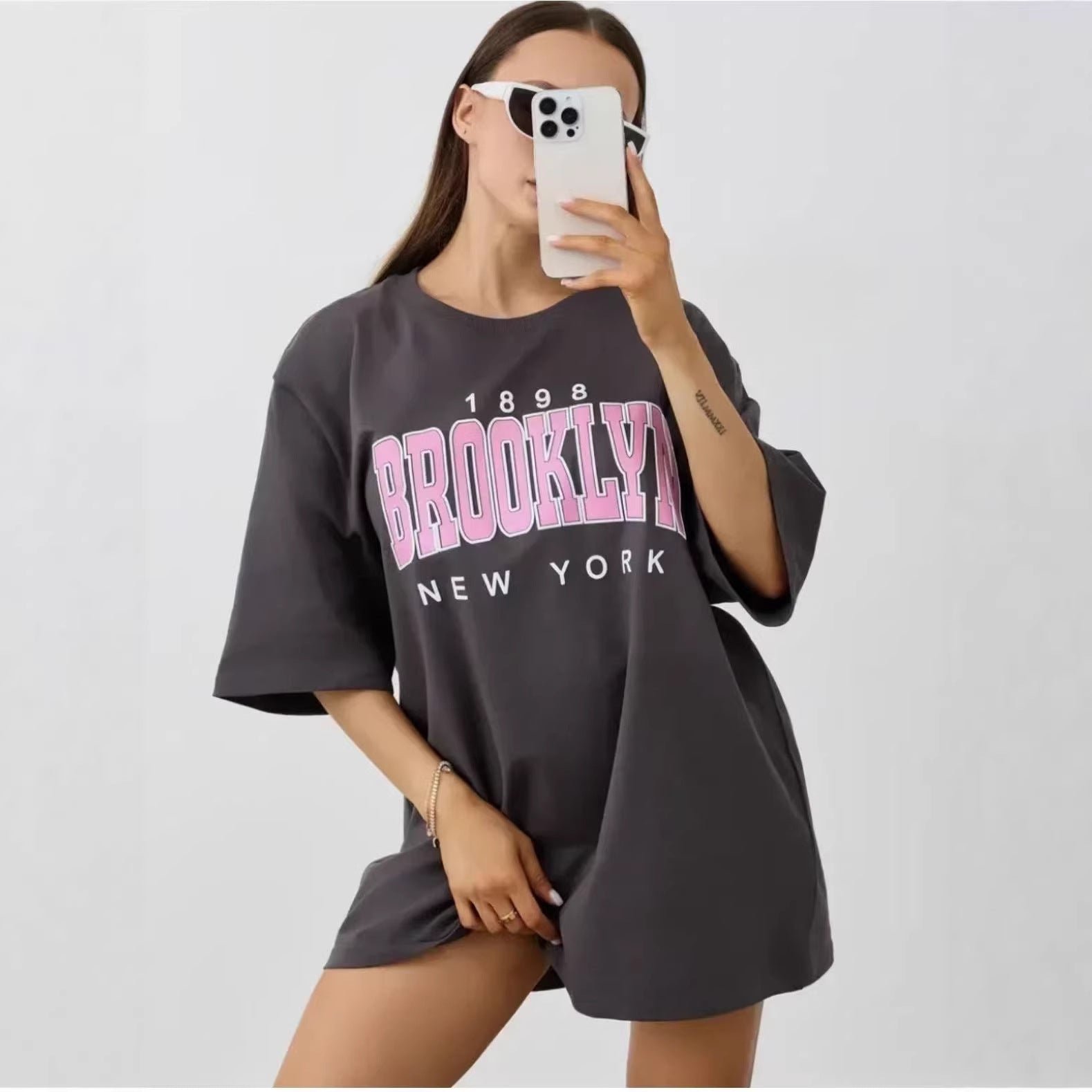 Dark Gray Chic Cotton Loose Fit Short Sleeve Top With 3D Effect Pattern