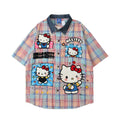Kitty Plaid Embroidered Short Sleeve Cotton Shirt For Men Pink Casual