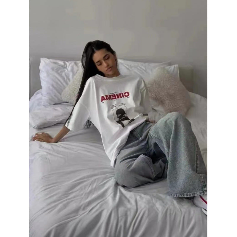 White Letter Print Short Sleeve Top Cotton Round Neck Loose Fit Casual