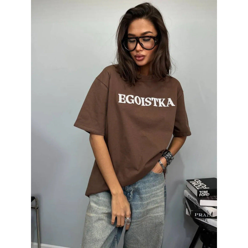 Letter Print Round Neck Short Sleeve Cotton Top For Unisex Casual Fit
