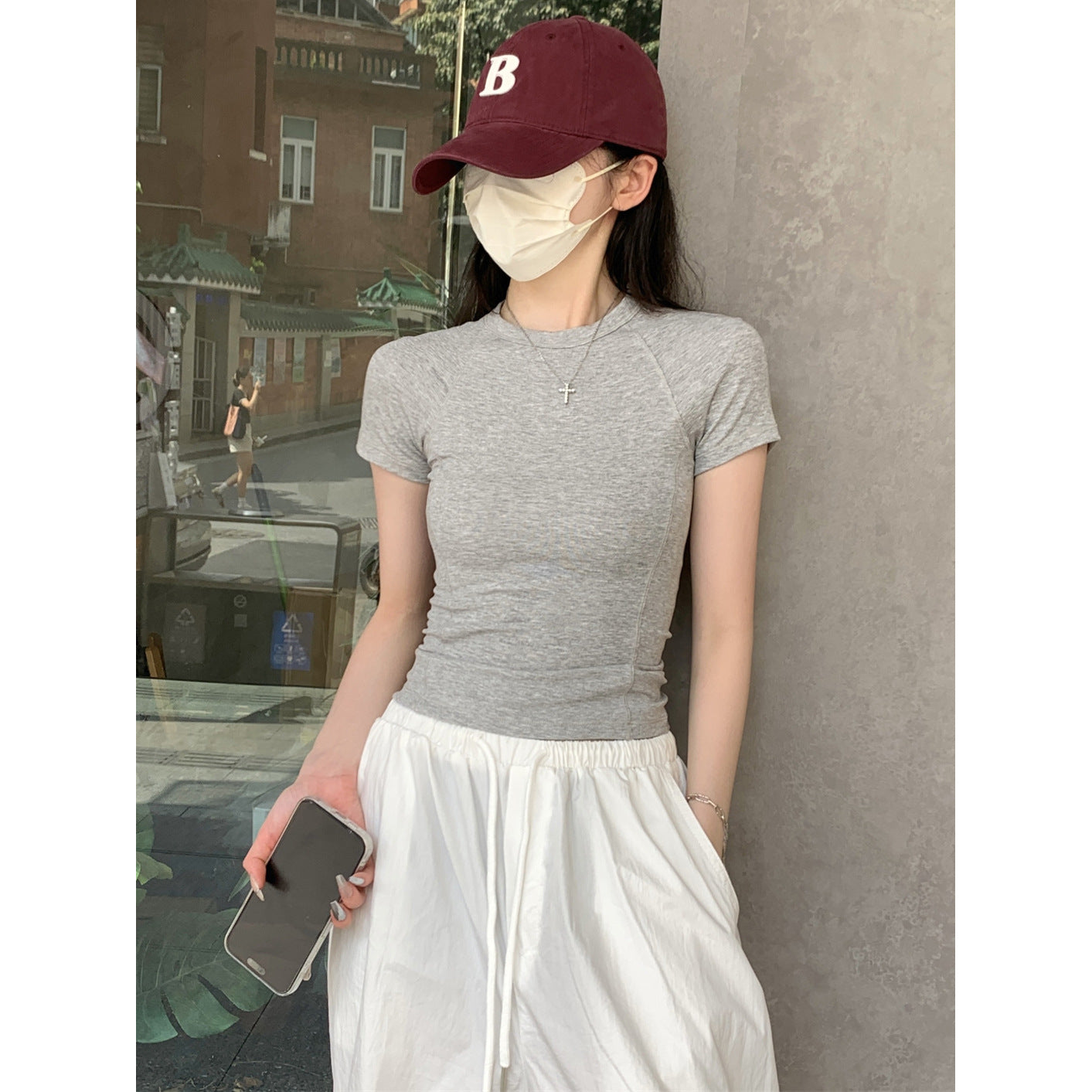 Womens Cotton Round Neck Slim Fit Short Sleeve Top Casual Basic Gray
