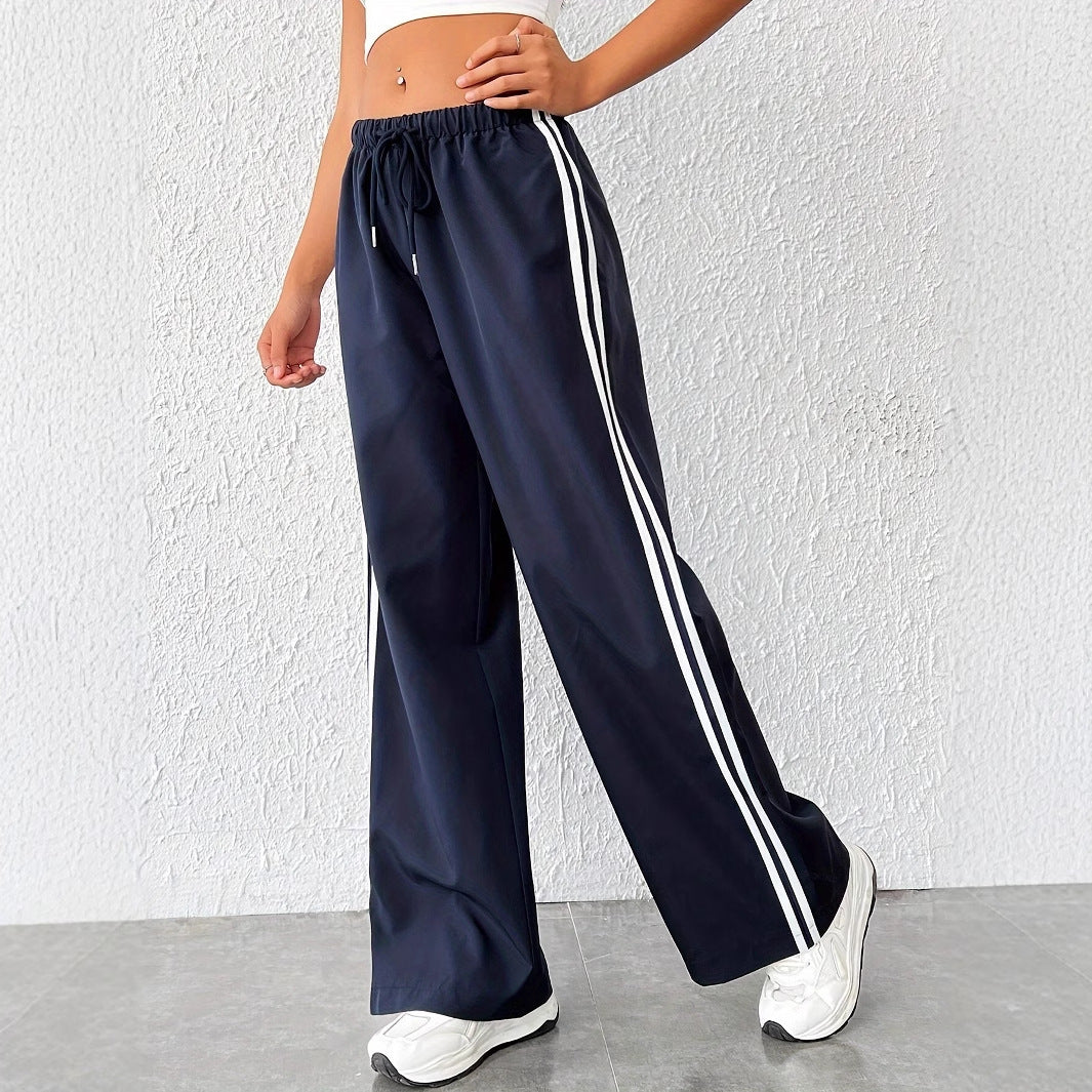 Dark Blue Striped Elastic High Waist Polyester Pants For Women Casual Long