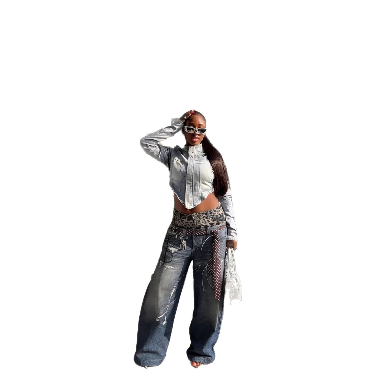 Street Style Leopard Print 3D Printed Denim Pants With Double Waistband