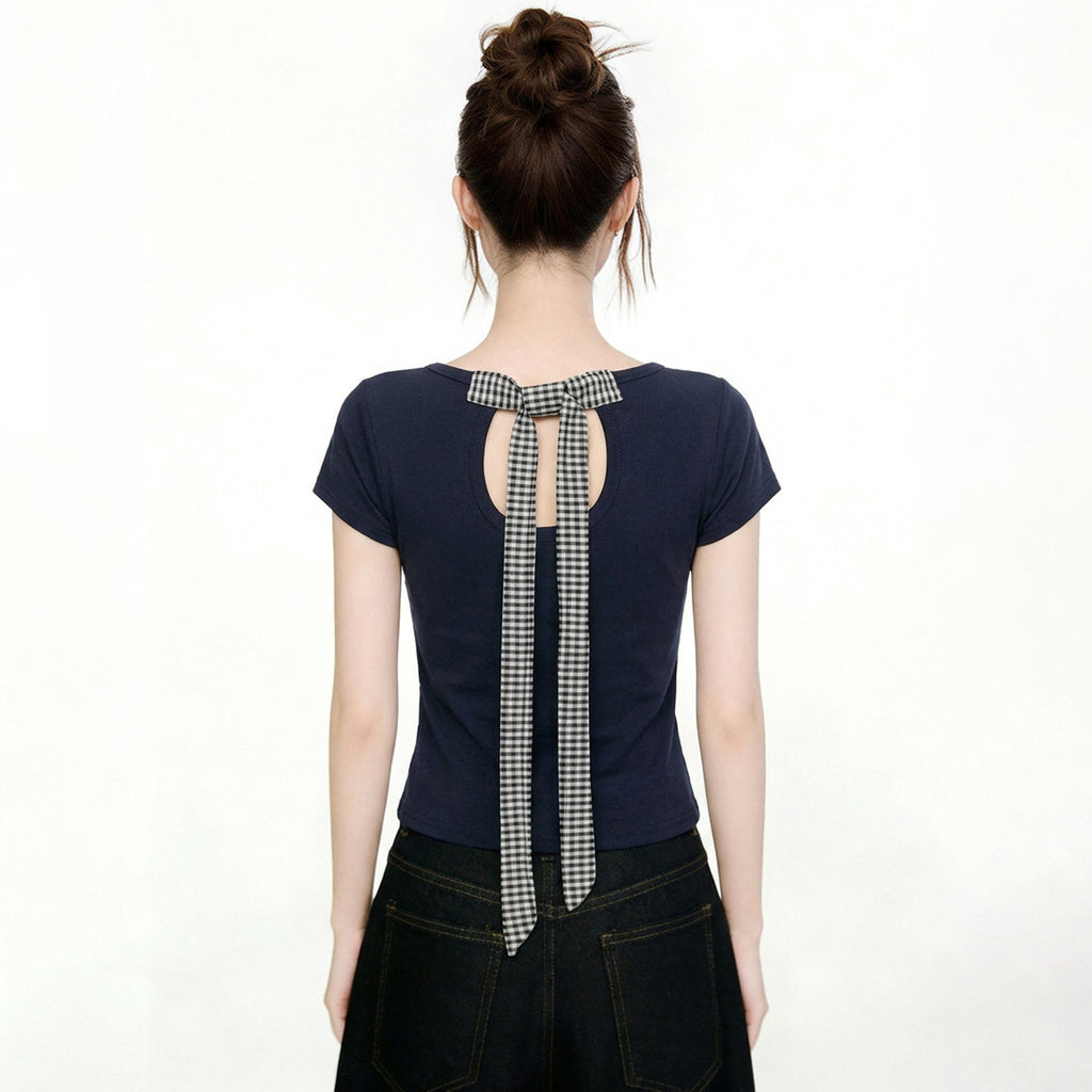 Spicy Girl Back Cutout Bow Tie Short Sleeve T Shirt Slim Fit Navy Blue