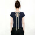 Spicy Girl Back Cutout Bow Tie Short Sleeve T Shirt Slim Fit Navy Blue