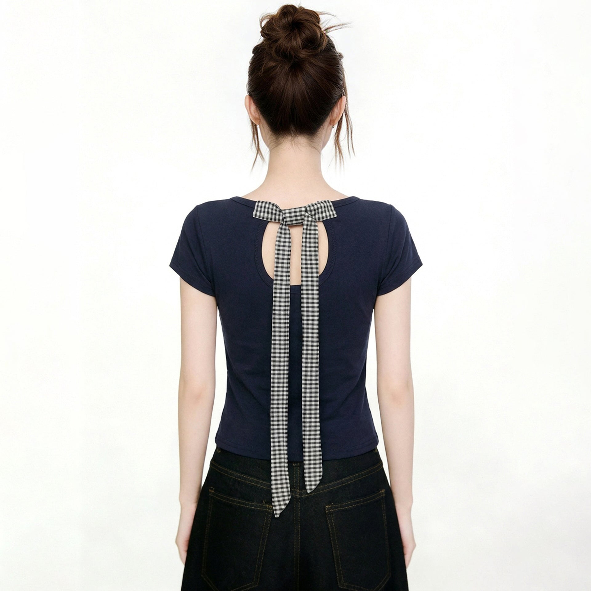 Spicy Girl Back Cutout Bow Tie Short Sleeve T Shirt Slim Fit Navy Blue