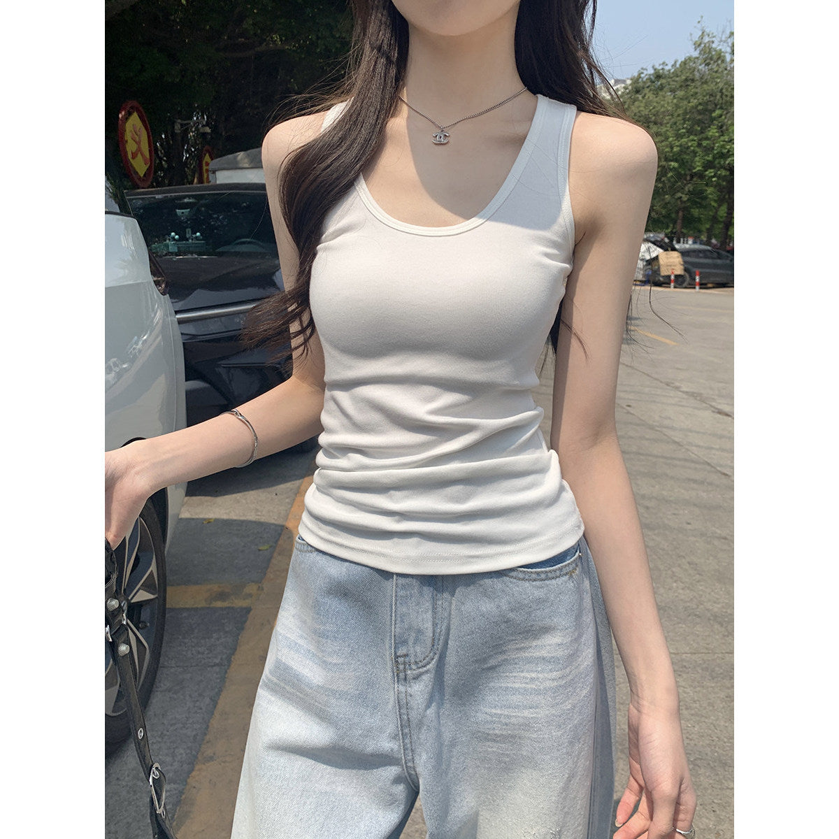 Womens U Neck Tank Top Sleeveless Slim Fit Casual Polyester