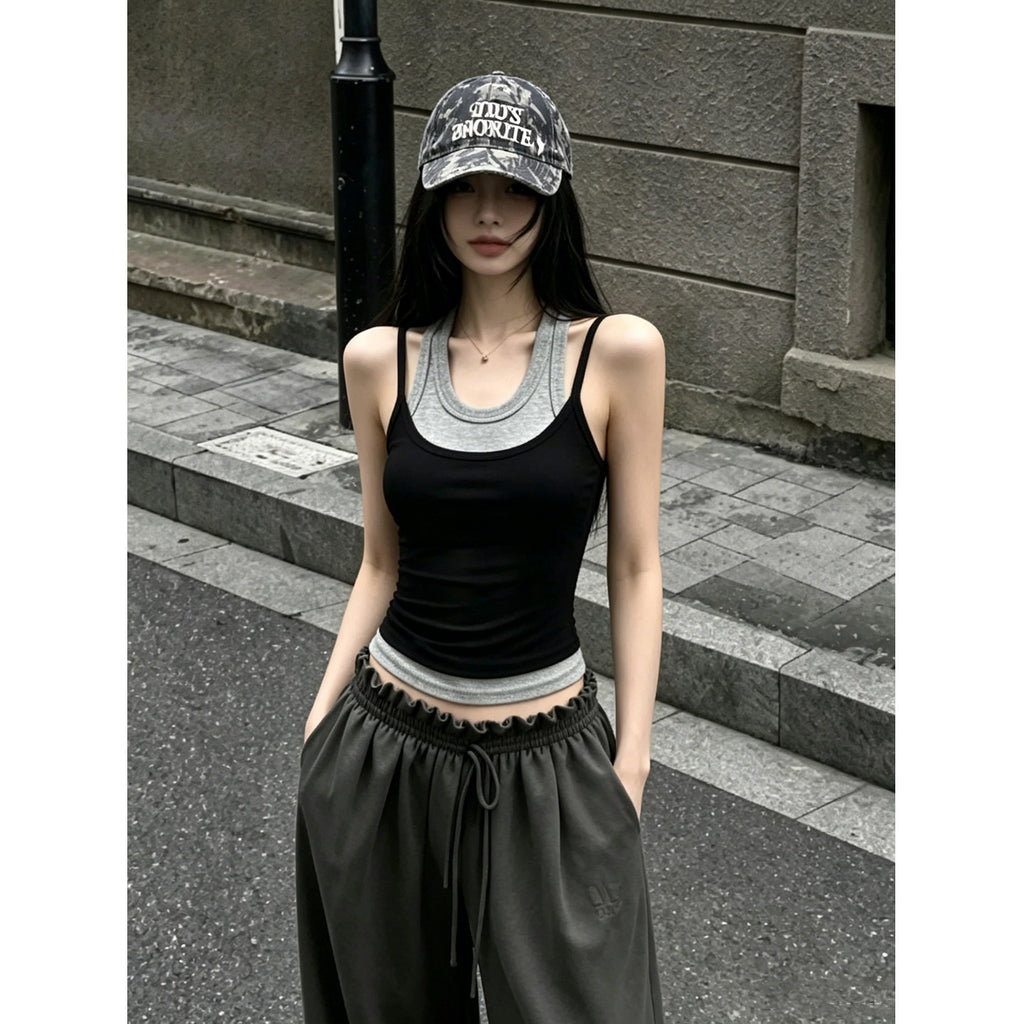 Ladies False Two Piece Base Layer Tank Top Slim Fitted Sporty Vest