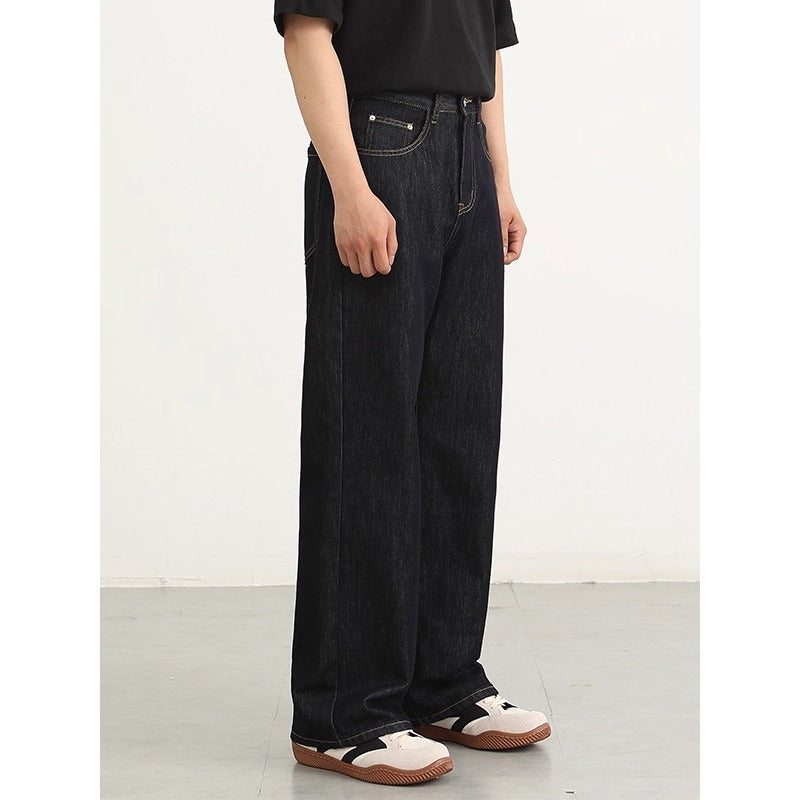Relaxed Fit Denim Pants For Men Black With Visible Stitching Straight Leg