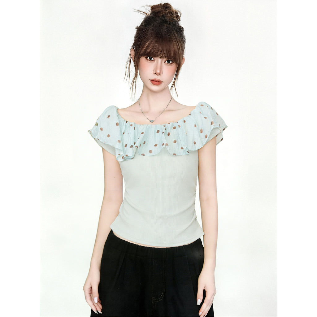 Polka Dot Off Shoulder Ruffle Trim Short Sleeve Top Women Green Summer
