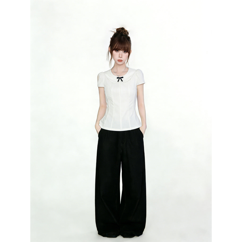 Spicy Style Bow Peter Pan Collar Tee For Women Short Sleeve