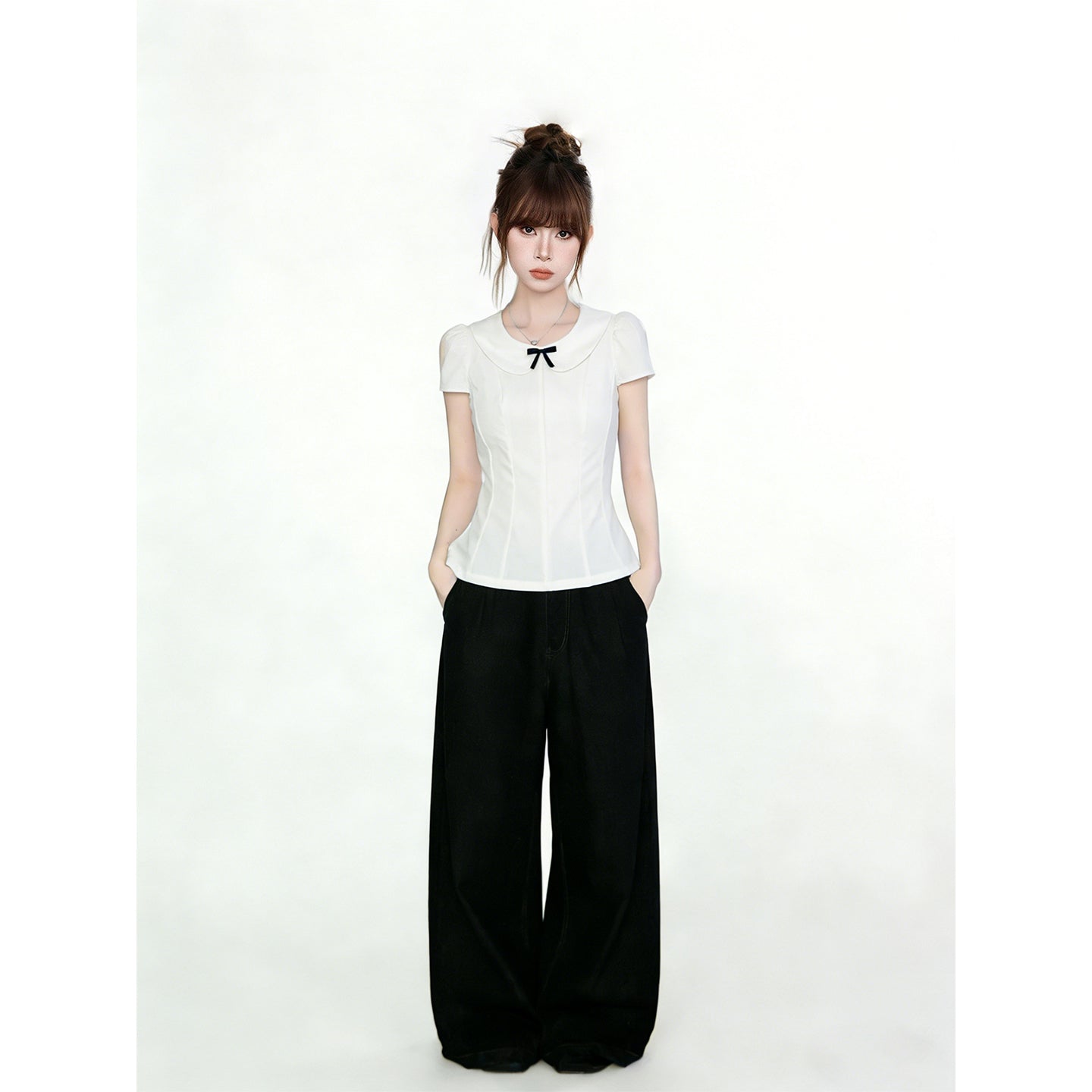 Spicy Style Bow Peter Pan Collar Tee For Women Short Sleeve