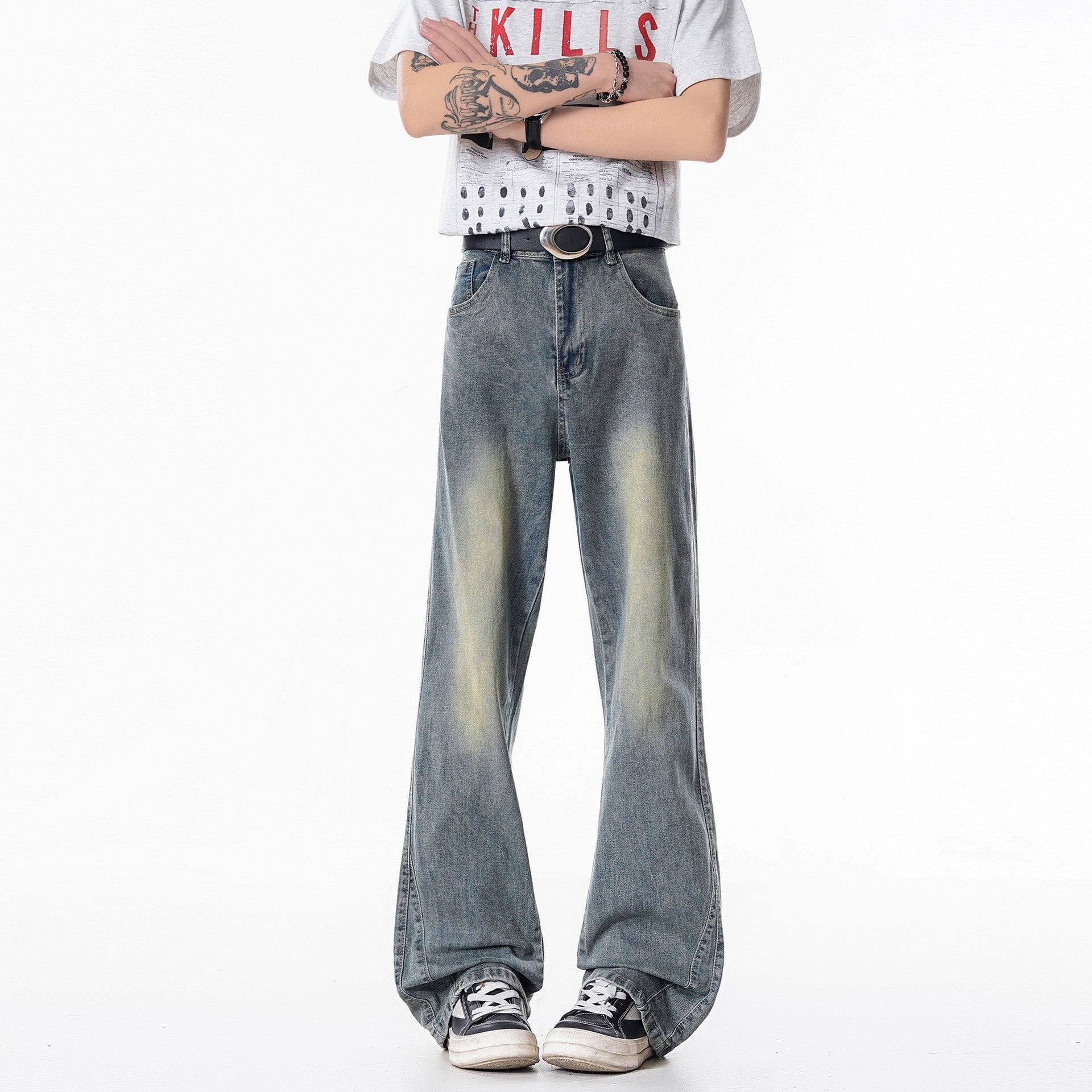 Slim Fit Straight Leg Denim Jeans For Men Washed Cotton Zipper Fly