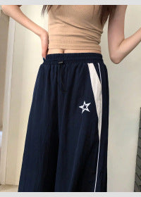 Loose High Waisted Drawstring Long Pants for Women Color Block Casual Wear