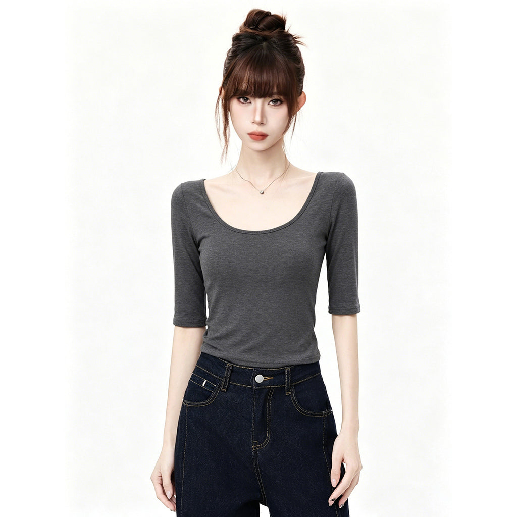 White Deep U Neck Slim Fit T Shirt For Women Mid Sleeve Top