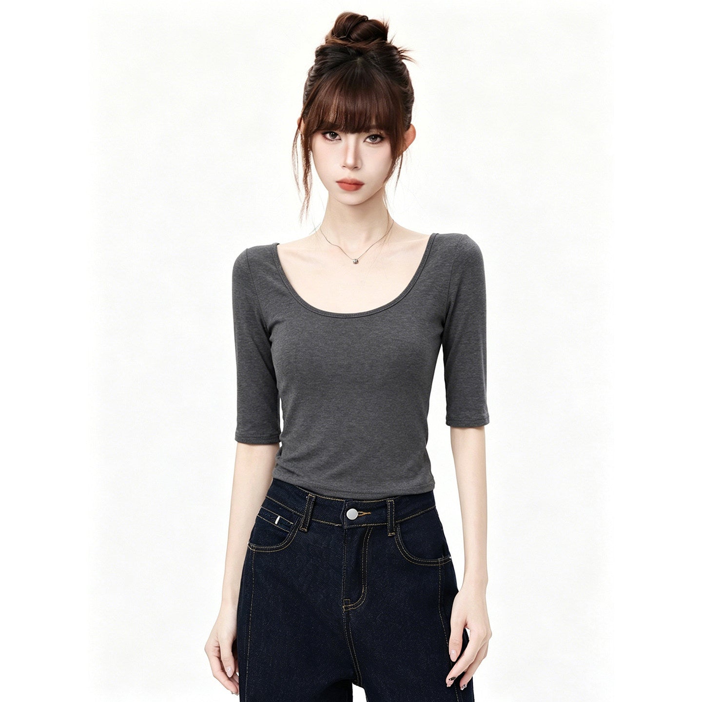 White Deep U Neck Slim Fit T Shirt For Women Mid Sleeve Top