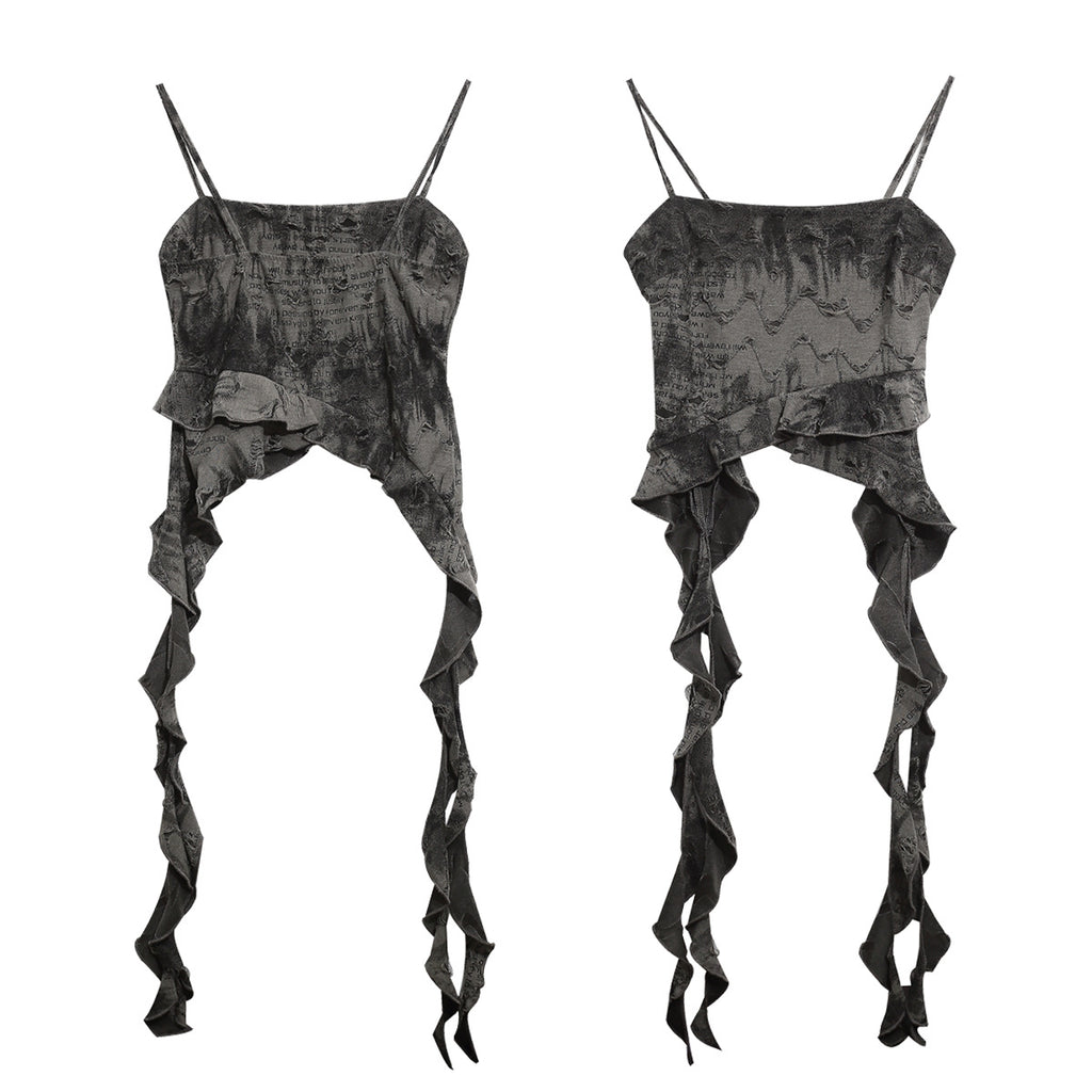 Vintage Tie Dye Ruffled Strap Crop Top With Gray Irregular Ribbon Detail