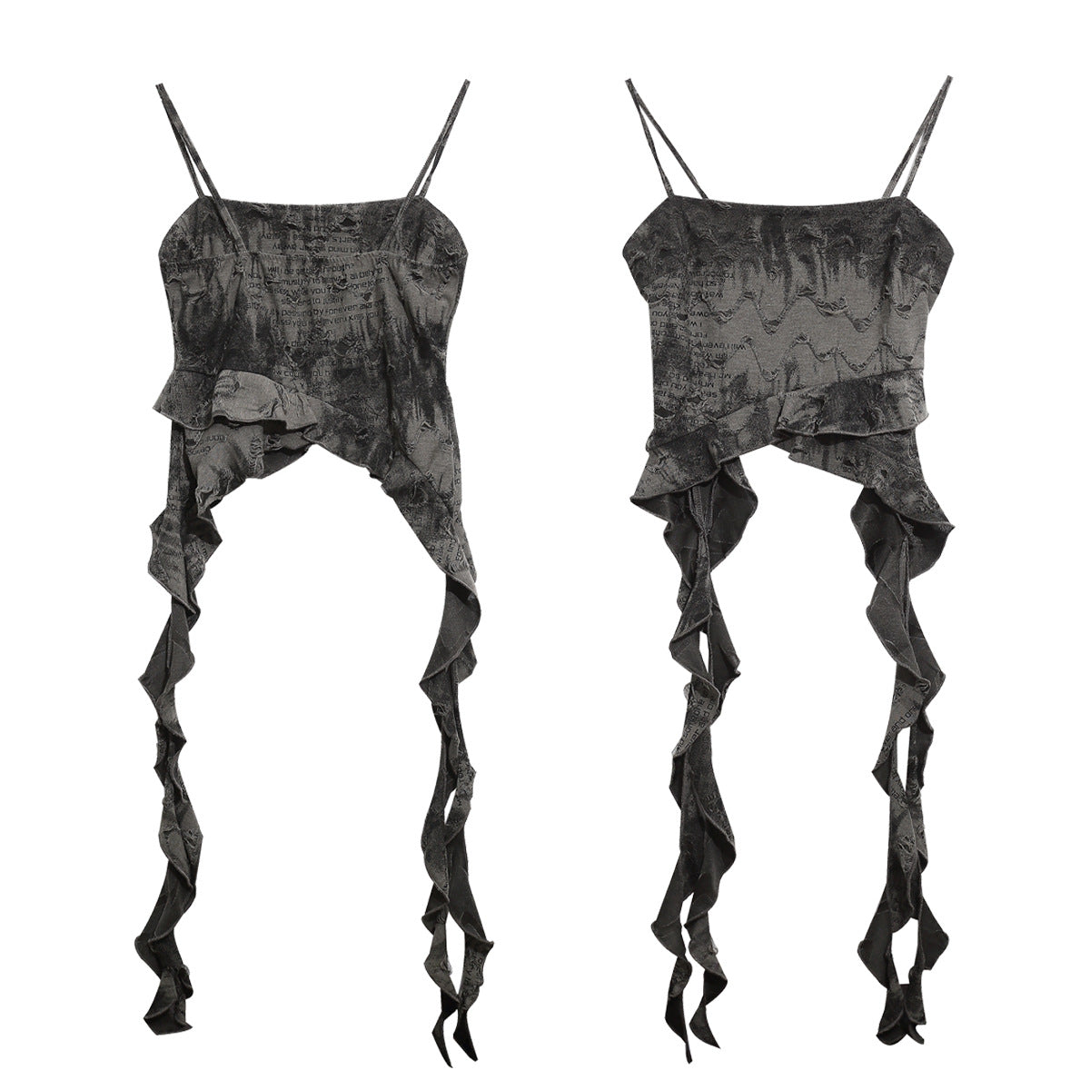Vintage Tie Dye Ruffled Strap Crop Top With Gray Irregular Ribbon Detail