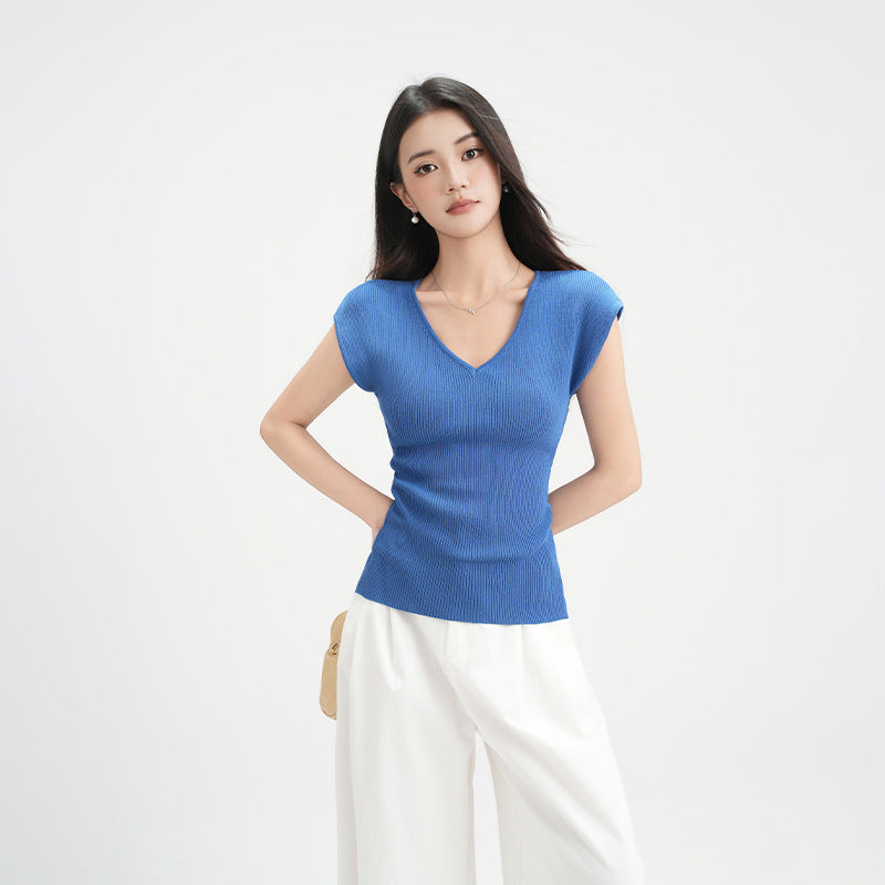 Dark Blue V Neck Knit Sheer T Shirt For Women Lightweight Three Quarter Sleeve