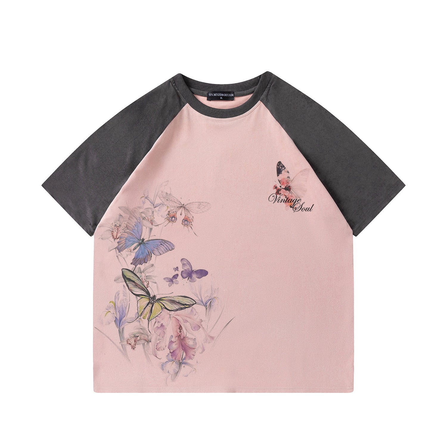 Ink Butterfly Print Short Sleeve Shirt Cotton Blend Floral Tee Loose Fit