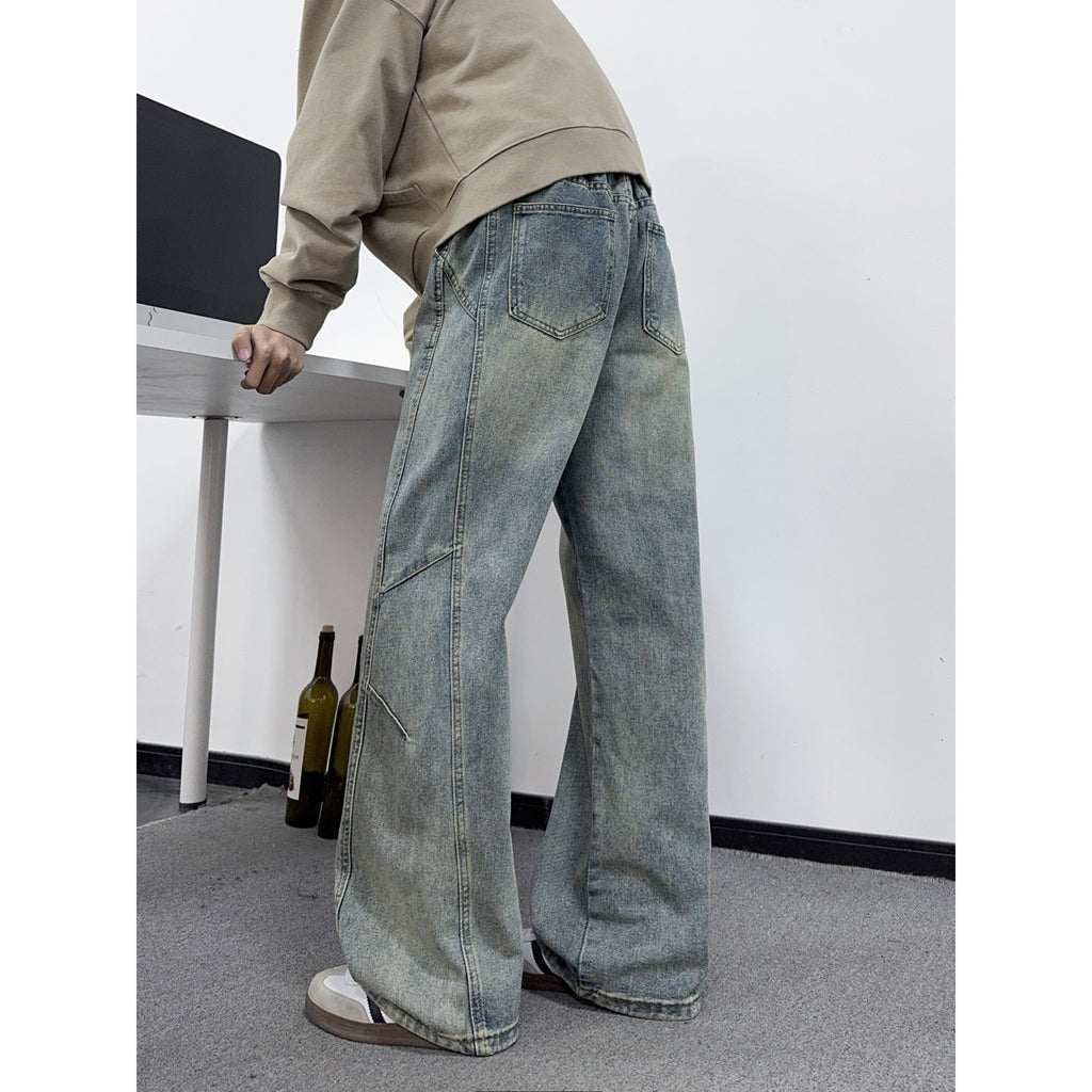 Deconstructed Denim Pants Loose Fit Mid Rise Casual Style Catwhisker Metal Decor