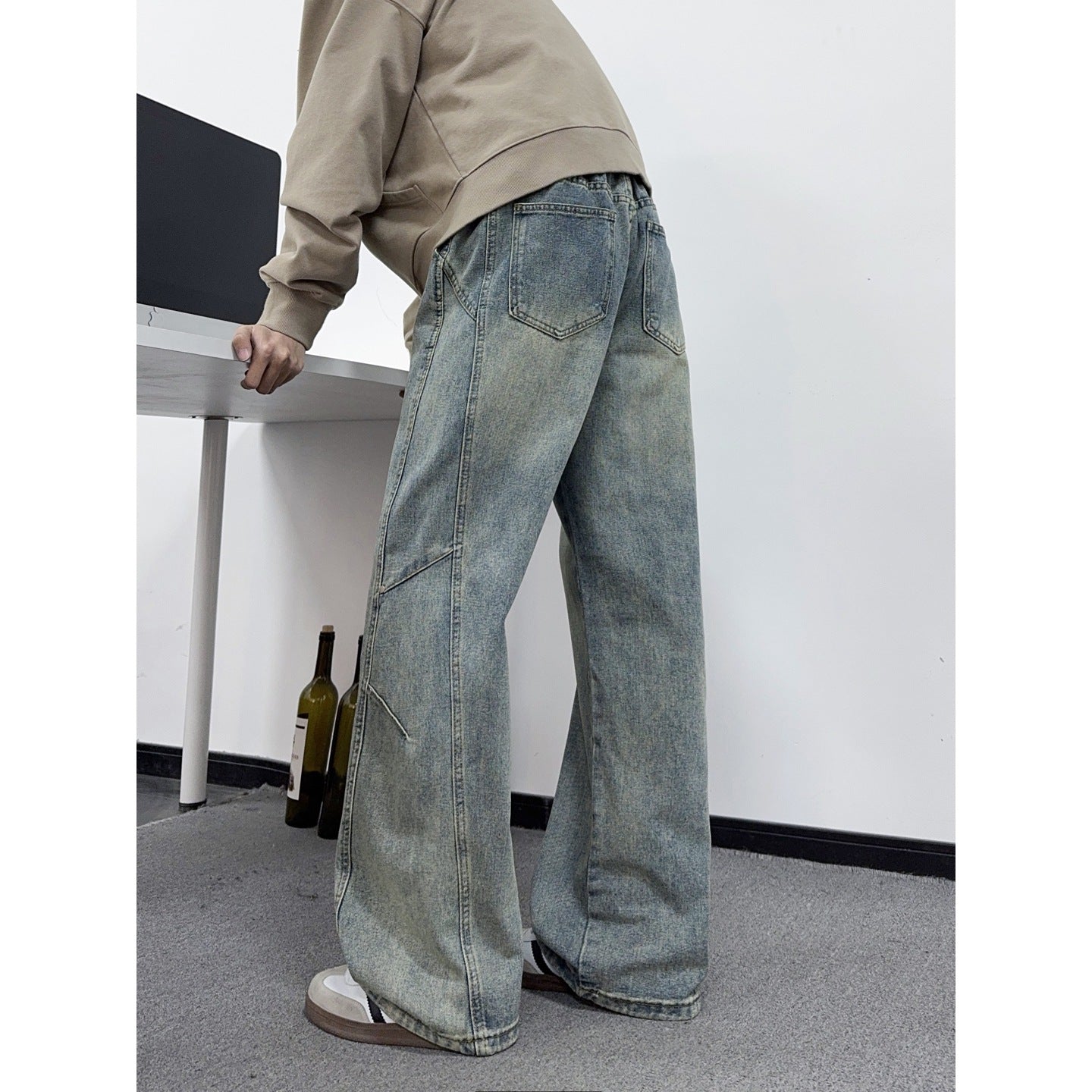 Deconstructed Denim Pants Loose Fit Mid Rise Casual Style Catwhisker Metal Decor