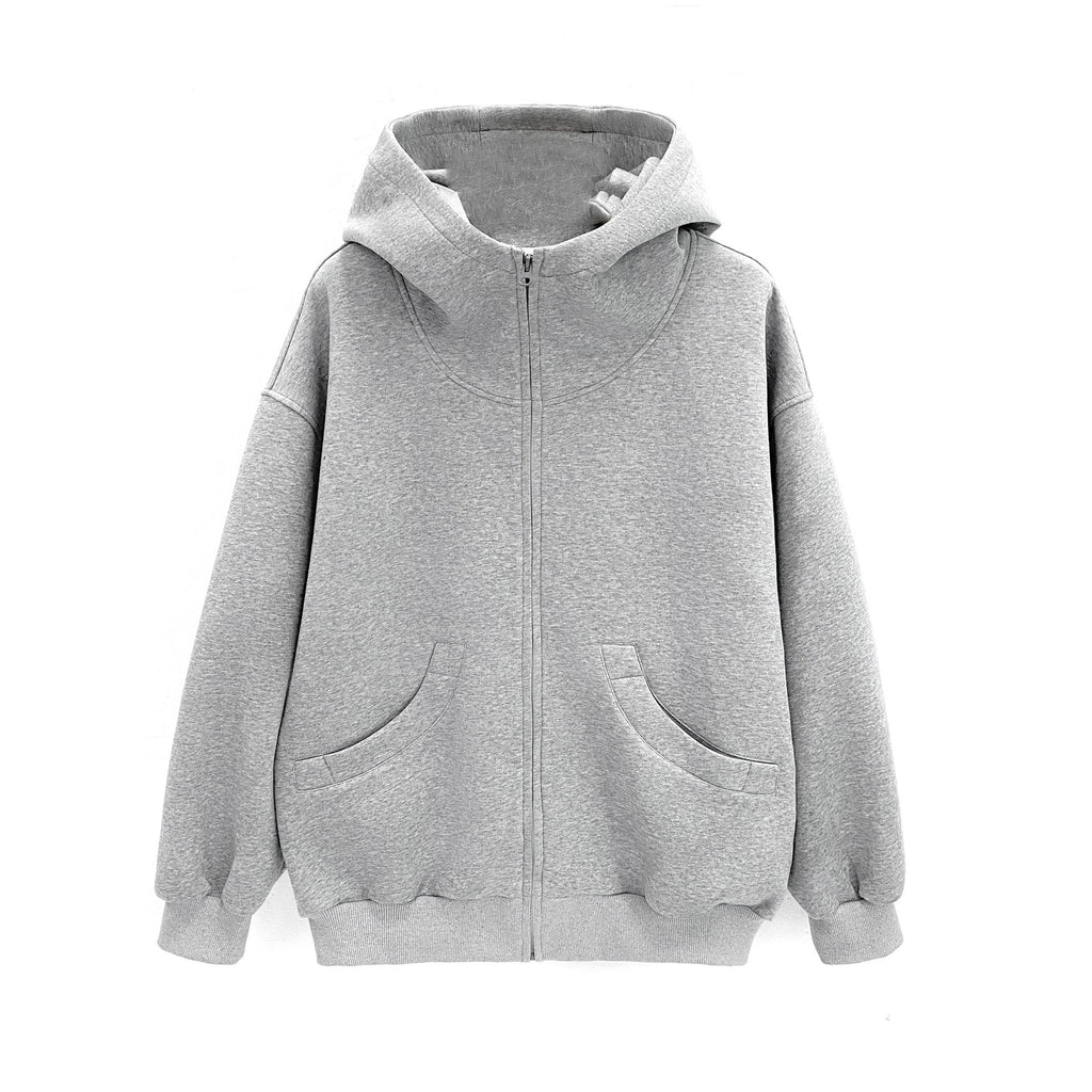 Grey Loose Fit Hoodie Cardigan For Street Fashion And Casual Wear