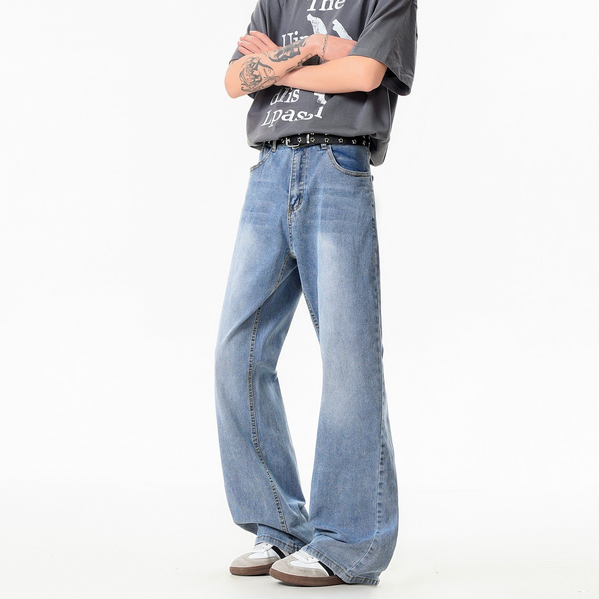 Mens Cleanfit Washed Blue Jeans Loose Fit Mid Rise Casual Pants