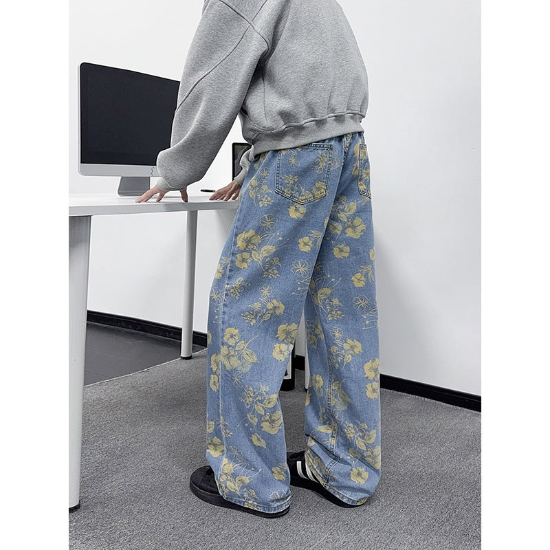 Men Floral Print Blue Denim Pants Wide Leg Retro Style