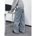 Men Floral Print Blue Denim Pants Wide Leg Retro Style