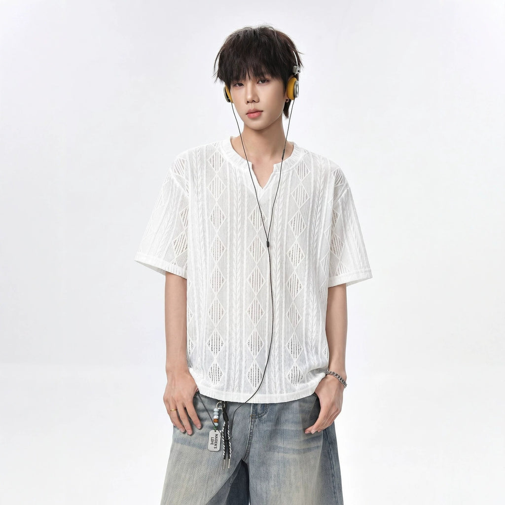 White Textured Hollow Out V Neck Short Sleeve Loose Fit T Shirt For Men