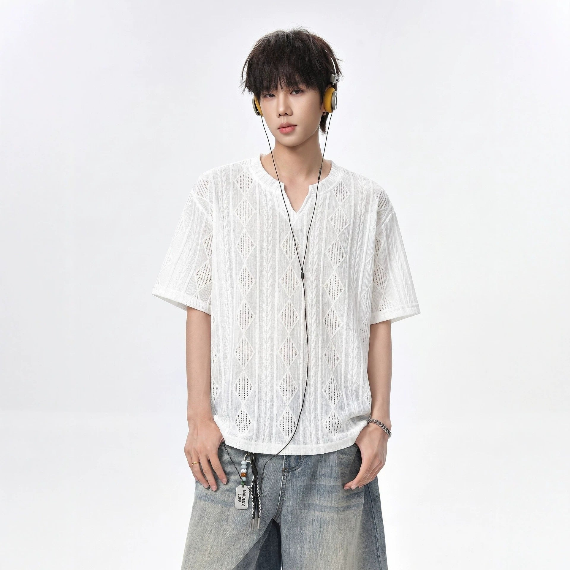 White Textured Hollow Out V Neck Short Sleeve Loose Fit T Shirt For Men