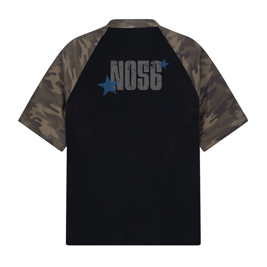Alphabet Print Camouflage Cotton Loose Fit T Shirt Round Neck Short Sleeve