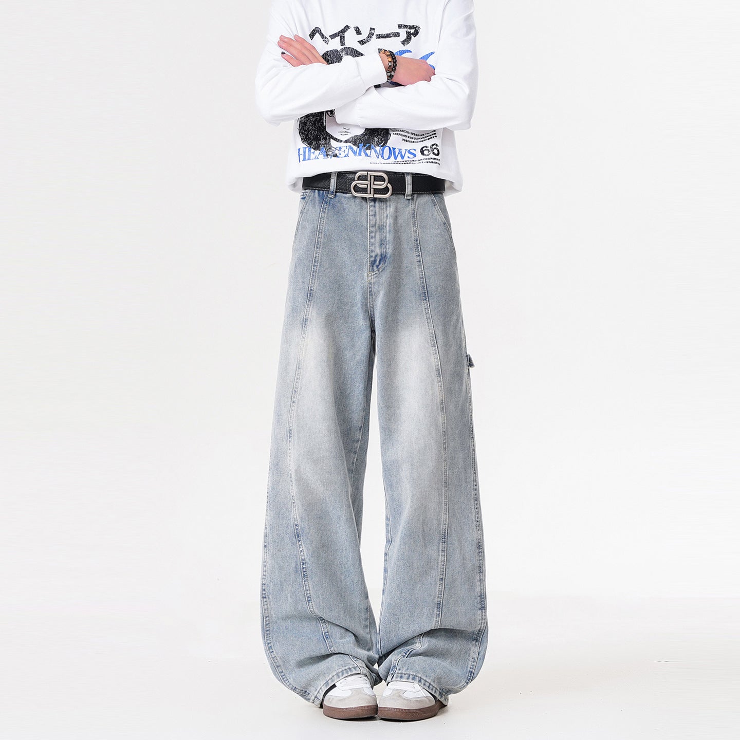 Washed Vintage Black Patchwork Mid Rise Wide Leg Denim Pants