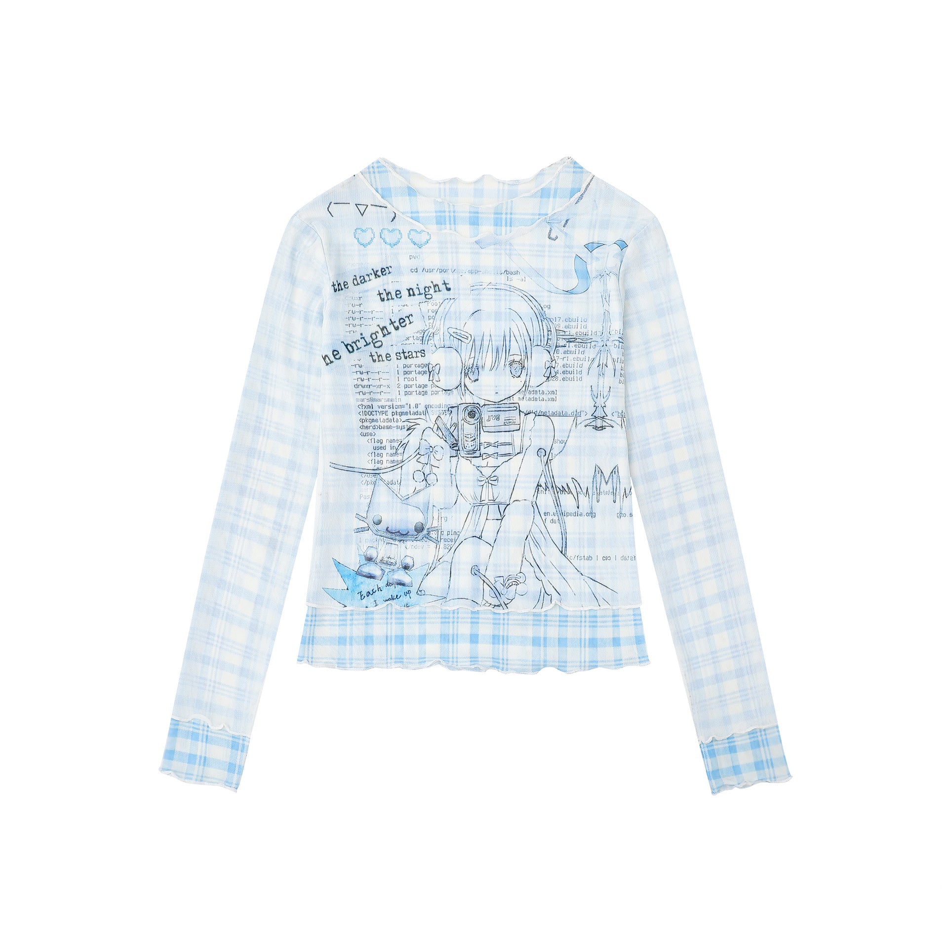 Blue Plaid Patchwork Anime Cartoon Hoodie For Girls With Wavy Edge Long Sleeve