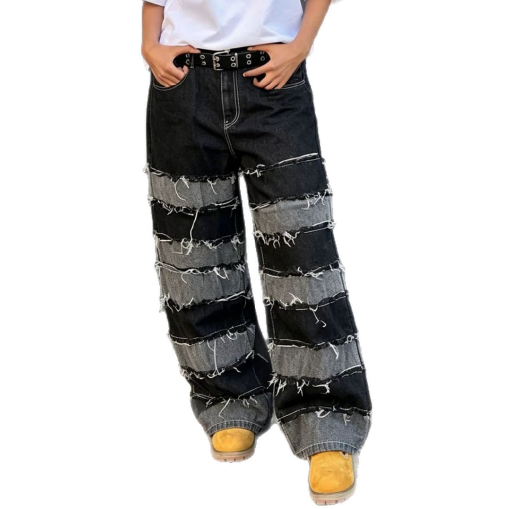 Street Patchwork Denim Pants With Raw Hem Black And Gray