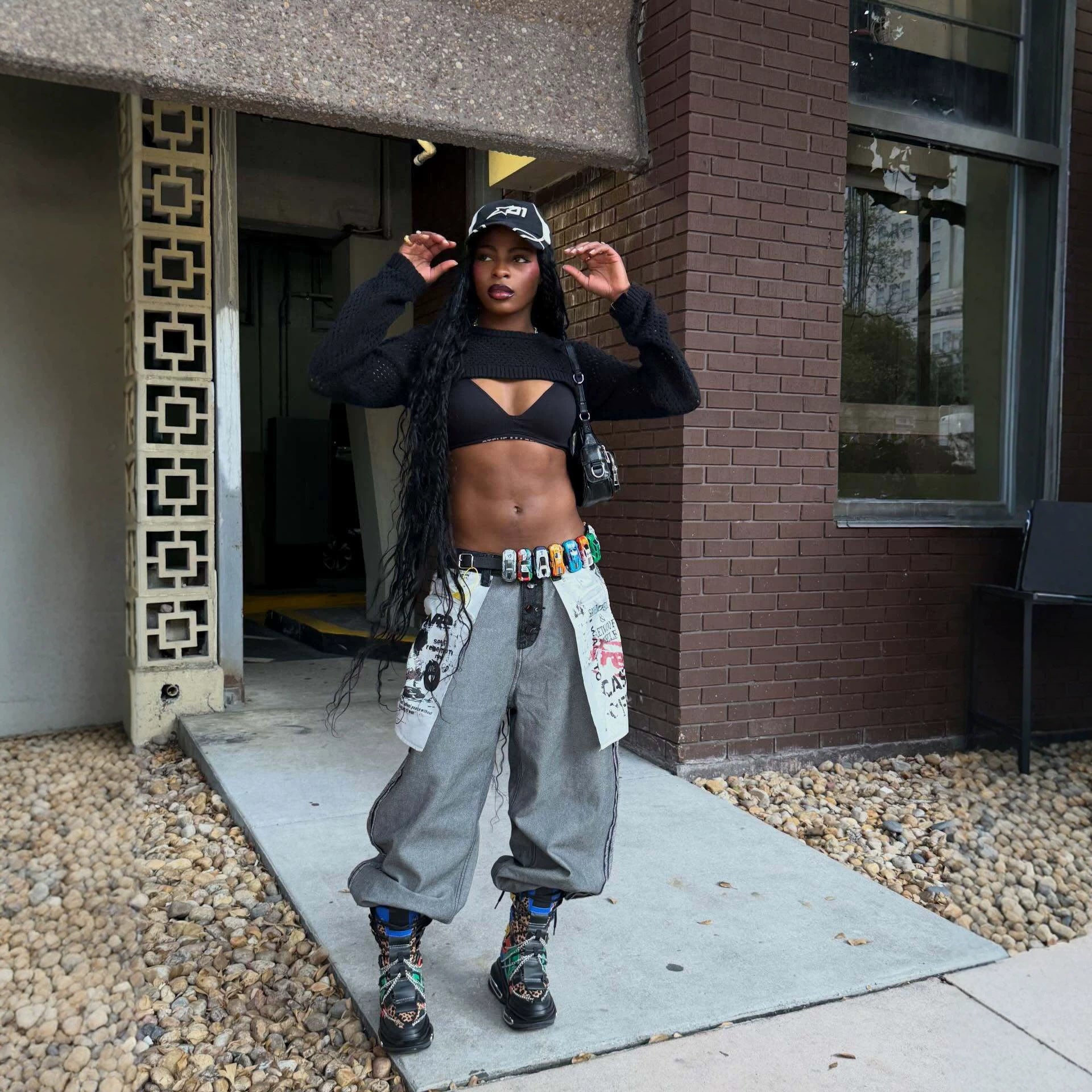 Streetwear Reversible Printed Jeans With Large Pocket Denim Black Straight Leg