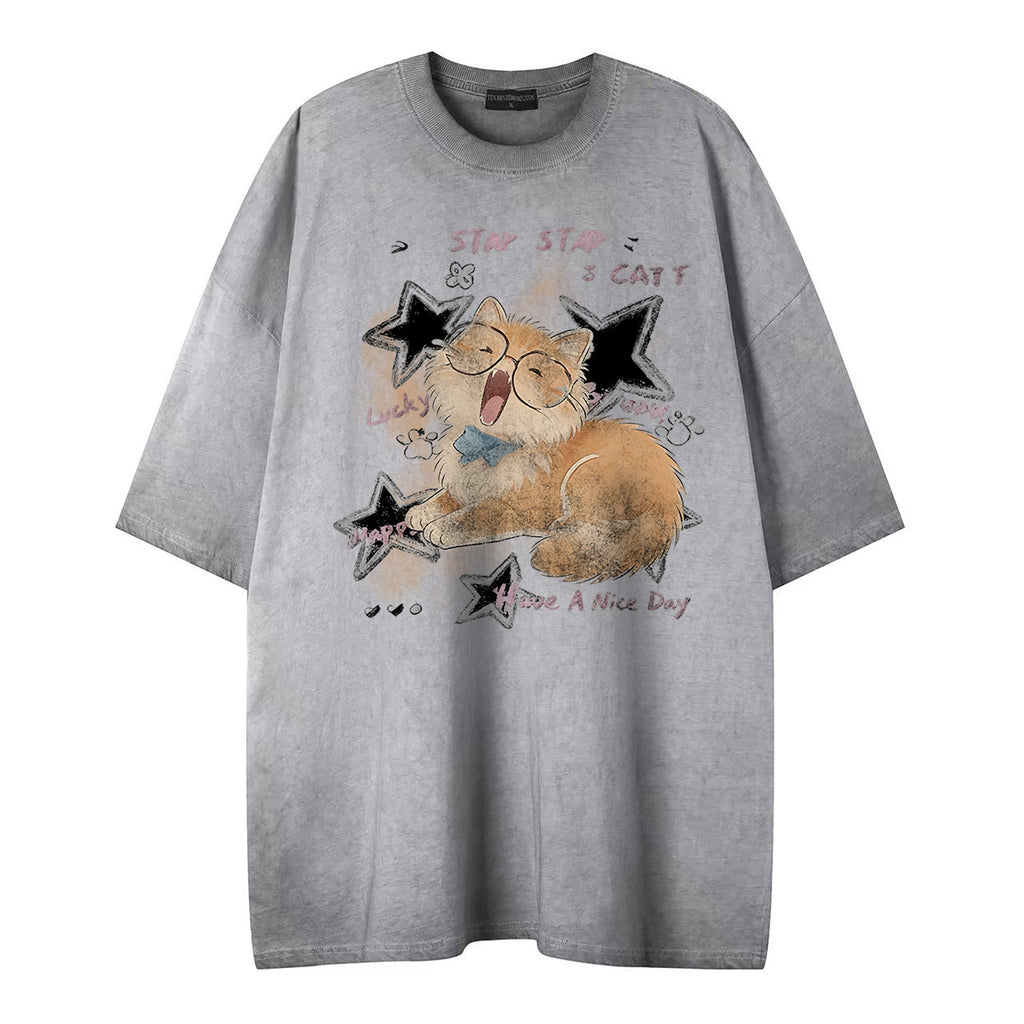 Soft Orange Cat Print Tee Loose Fit Short Sleeve Cotton Blend