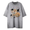 Soft Orange Cat Print Tee Loose Fit Short Sleeve Cotton Blend