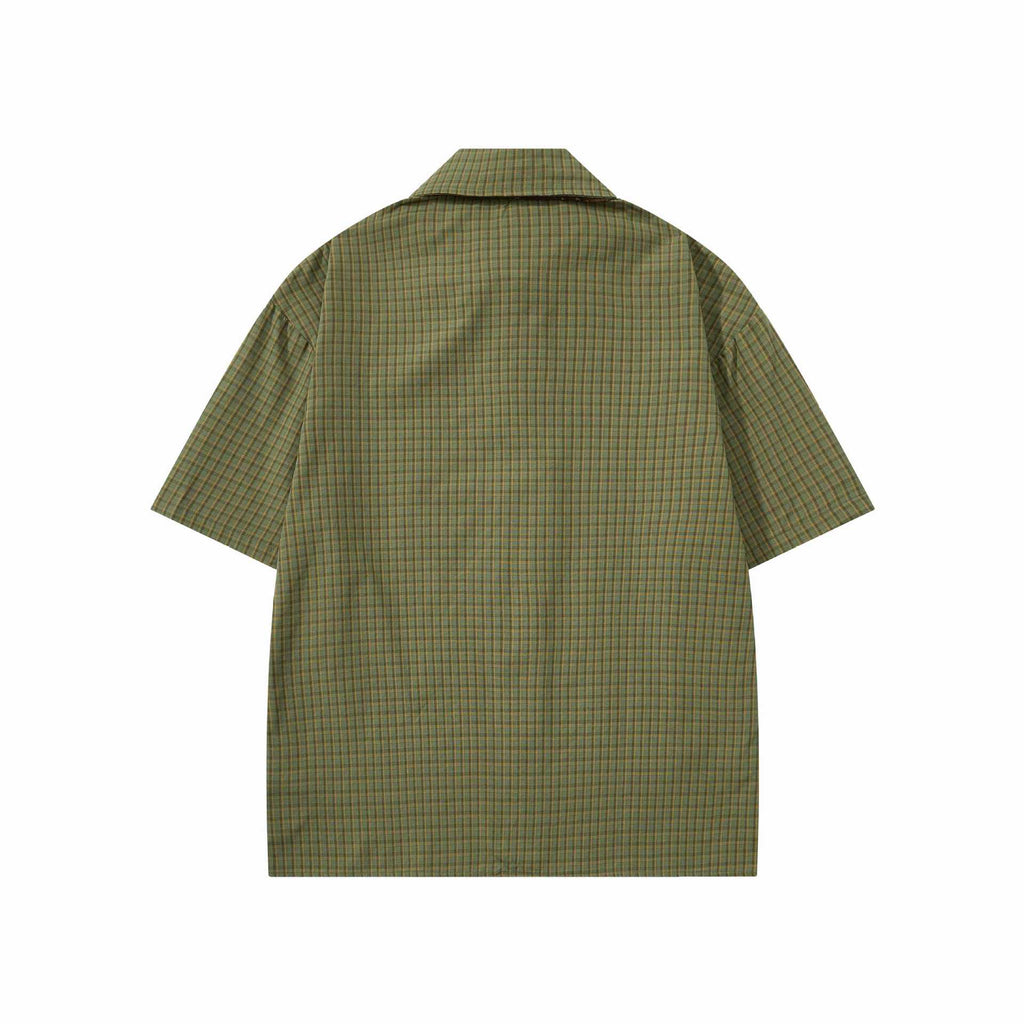 Green Off White Plaid Short Sleeve Cotton Shirt Loose Fit With Turn Down Collar
