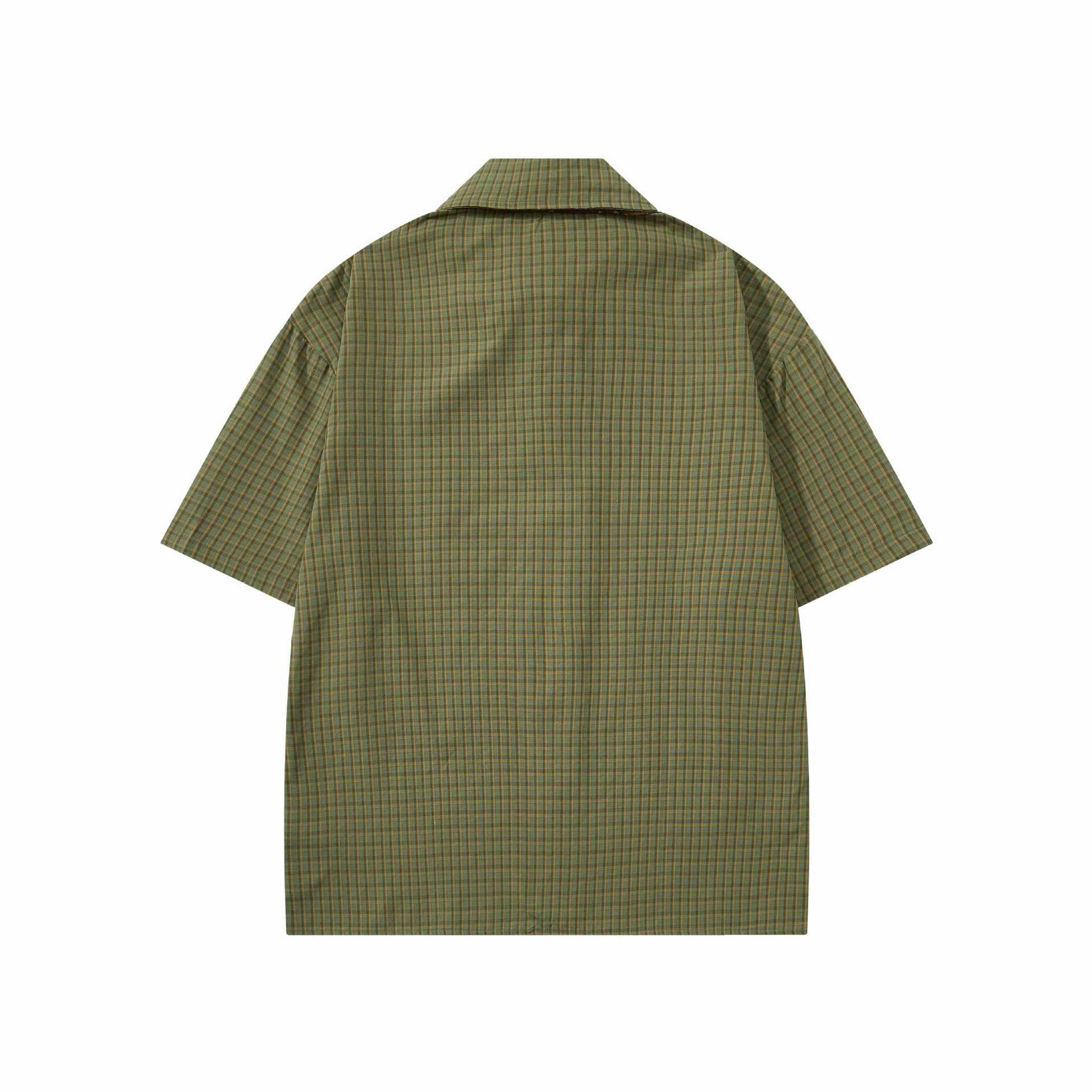 Green Off White Plaid Short Sleeve Cotton Shirt Loose Fit With Turn Down Collar