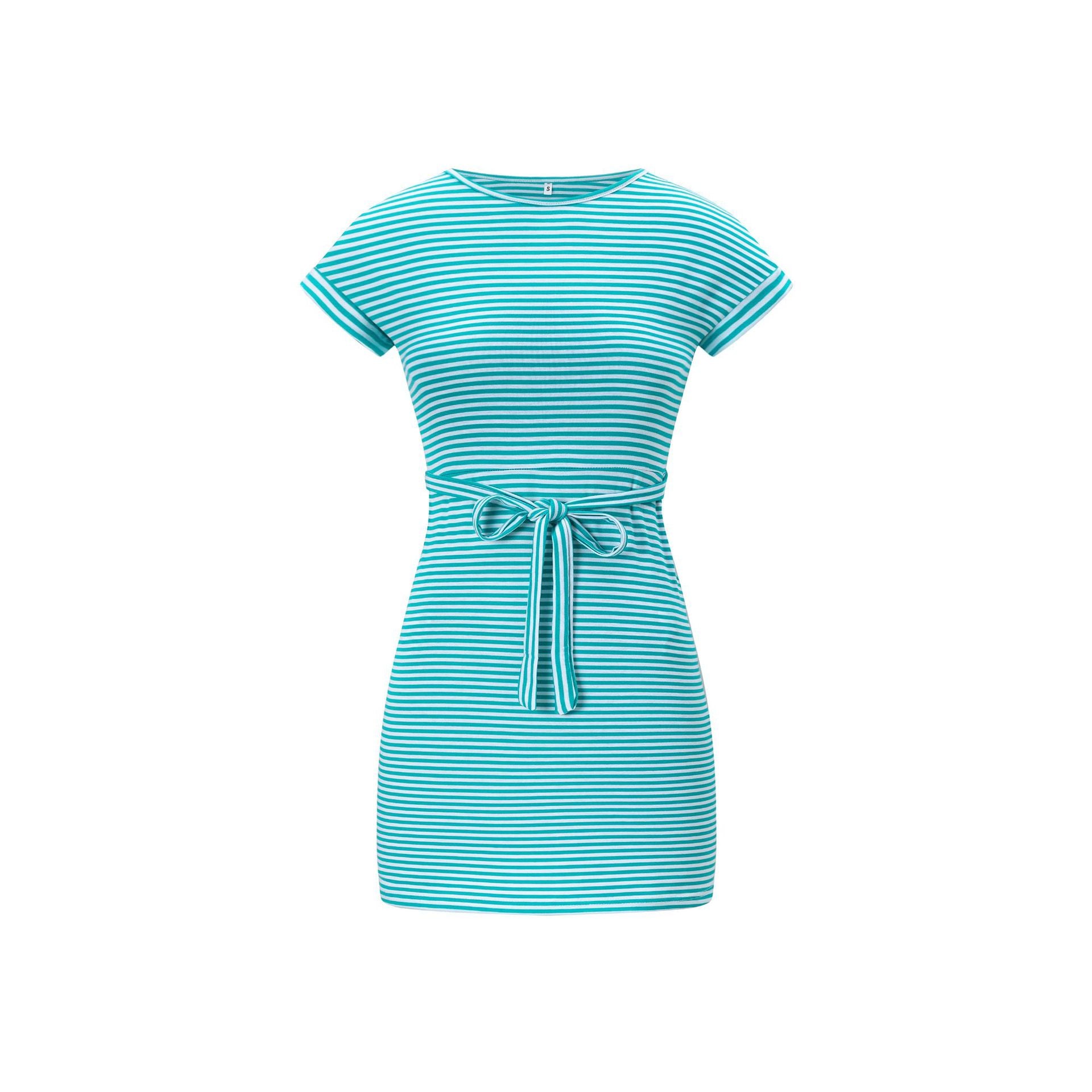 Women Striped Waist Tie Midi Dress Round Neck Short Sleeve Casual