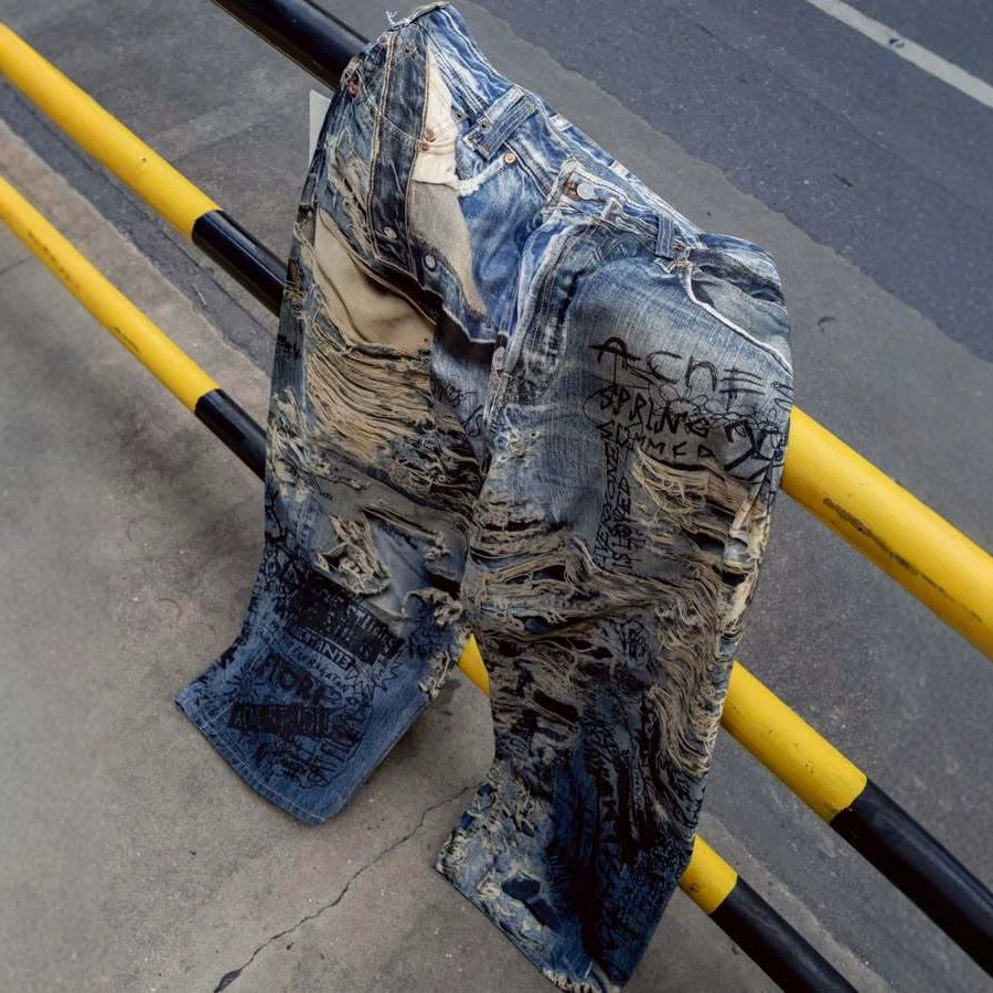 Streetwear Graffiti Distressed 3D Print Straight Leg Jeans For Men