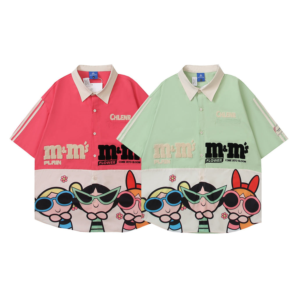 Flying Girl Police Officer Color Block Cotton Shirt Green Short Sleeve