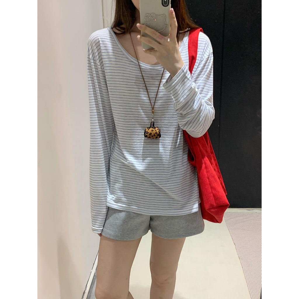 Blue Striped Sun Protection Shirt for Women with Asymmetrical Neck