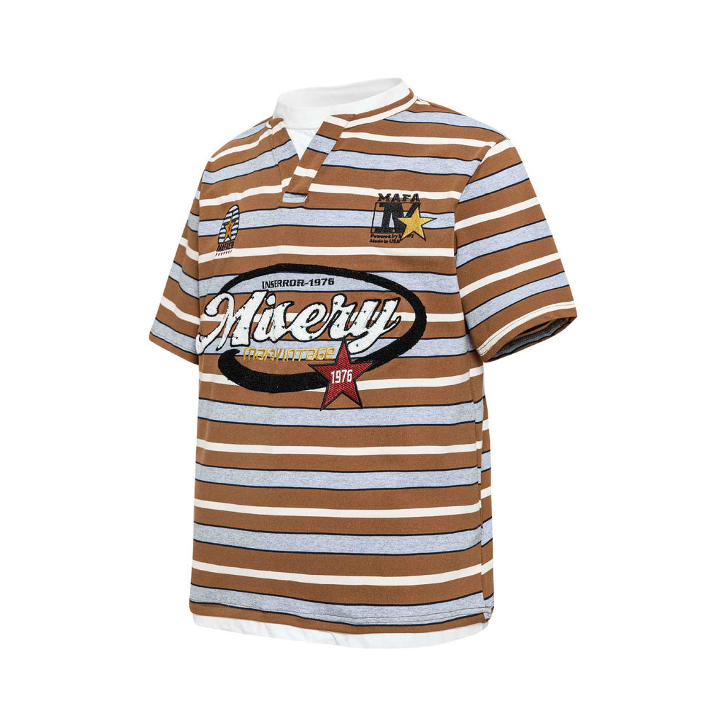 Brown Floral Embroidered Round Neck Short Sleeve Shirt
